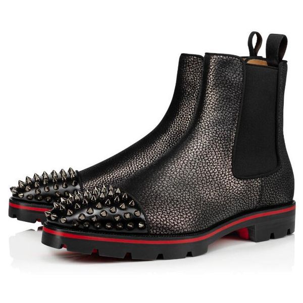 

winter snow designer men boots red bottom melon spikes ankle boots suede calfskin grained leathers lug sole fashion party wedding booties, Black