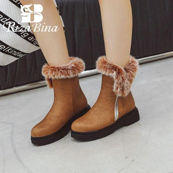 

rizabina ankle boots for women solid color round toe flats shoes winter warm fur snow boots women footwear size 34-43, Black