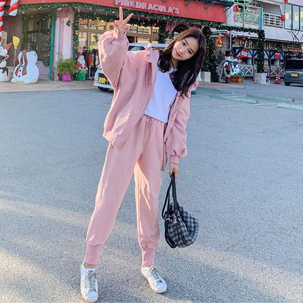

spring and autumn winter leisure sports suit female students korean version loose thin hooded sweater fashion two piece set net popular, Gray