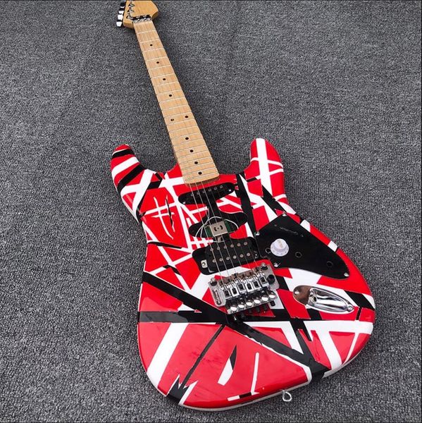 Raro 5150 Edward Eddie Van Halen Franken Black White Stripe Red Chitarra elettrica Tastiera con manico in acero, Floyd Rose Tremolo Locking Nut