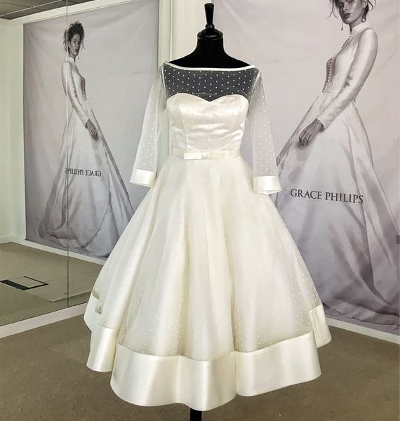 

short wedding dresses a-line 2021 for bride knee length 3/4 sleeve white satin point net custom made bridal gown graceful