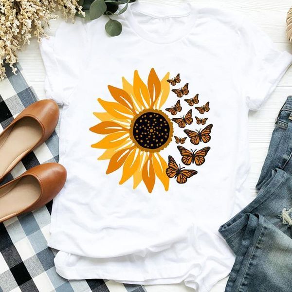 

women lady flower butterfly 90s style short sleeve cute print shirt clothes t tee womens tshirt for female graphic t-shirt, White
