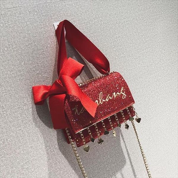 

sequined handbags 2020 new fashion ribbon bow small square bag pu leather sweet women bag tassel shoulder bag