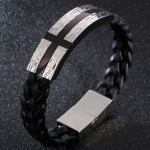 

religious cross mens leather bracelet with stainless steel magnetic closure clasp cowhide braided genuine leather bracelets men, Golden;silver