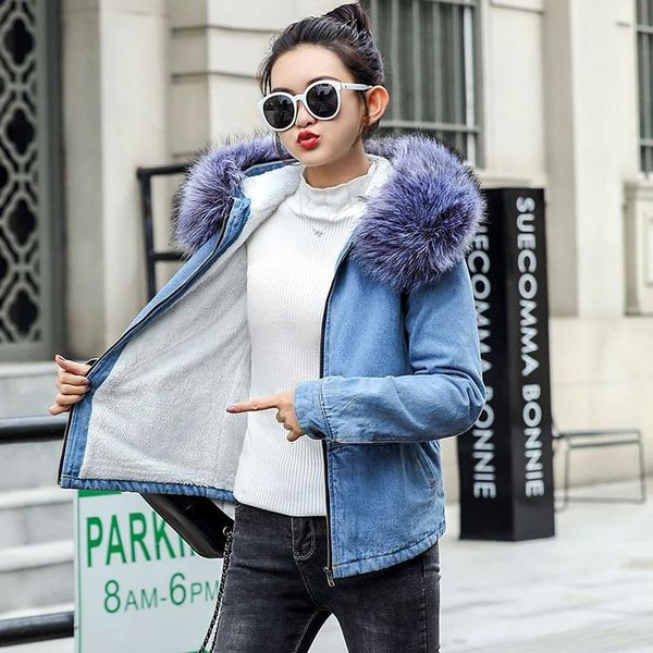

winter fur jeans jacket for women hooded korea casual blue women coats female outwear denim feminine chaqueta mujer coat autumn, Black;brown