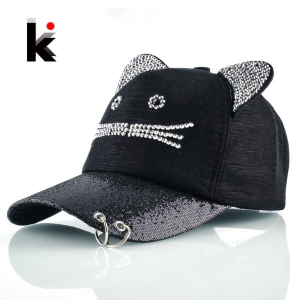 

girls flashing rhinestone baseball cap with cute cat ears snapback hip hop hats for women drake metal ring trucker bone feminino, Blue;gray