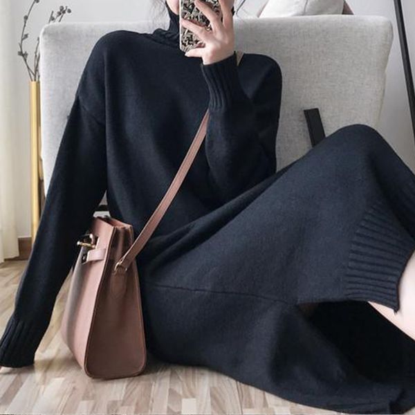 

2021 new oversize knitted women casual long sleeve office sweater female solid autumn one-piece dress korean lady qnv5, Black;gray