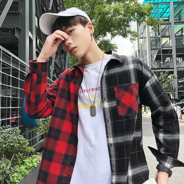 

leisure 2021 spring new young men's brand lapel color matching long sleeve shirt fashion, White;black