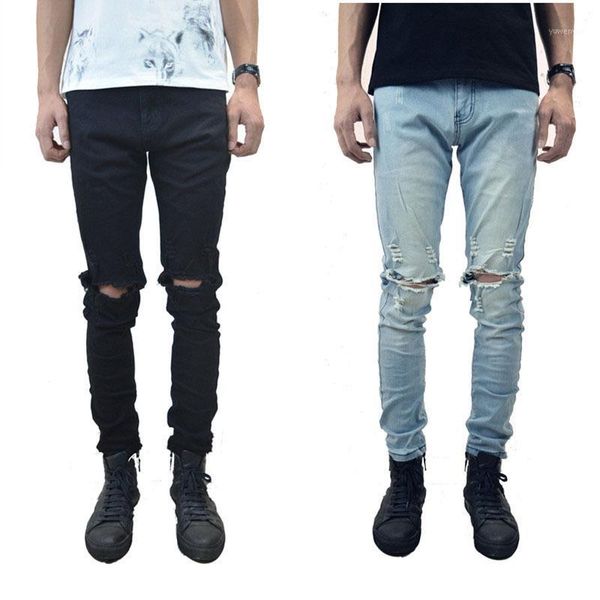 

2019 knee hole men jeans gao street tide men elastic force feet pants jeans1, Blue