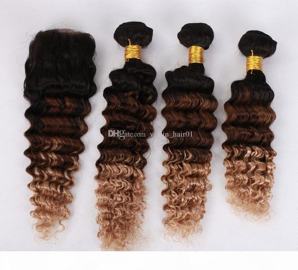 

deep wave peruvain virgin hair extensions ombre 1b 4 27 three tone honey blonde human virgin hair 3 bundles with lace closure, Black;brown