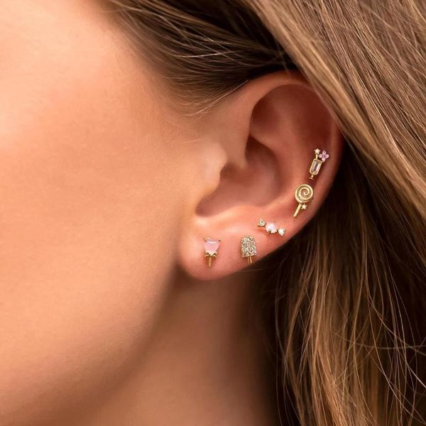 

stud 925 sterling silver sweet tooth earring set candy heart wine glass cute pink pastel mini stack for girls lover kids, Golden;silver