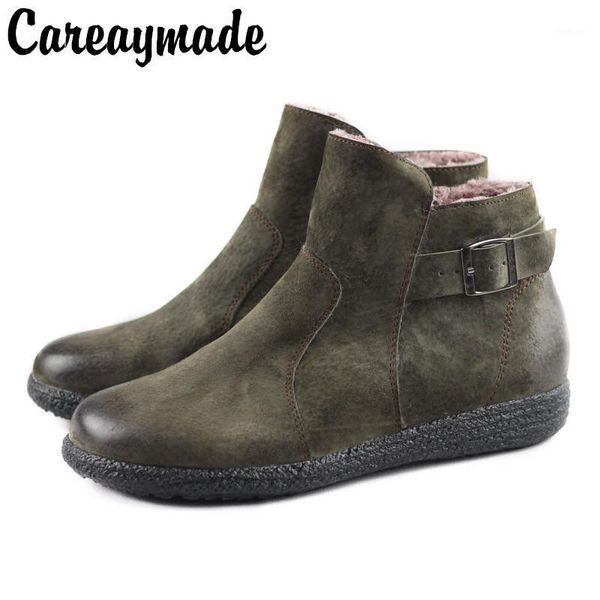 

boots careaymade-winter plush warm snow boots,genuine leatherretro literary artistic boots,female frosted leather zipper flat boots1, Black