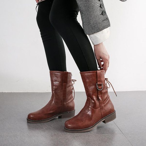 

ymechic occident vintage chunky heels western boots buckle cross tied slip on ankle boots for women shoes footwear large size 43, Black