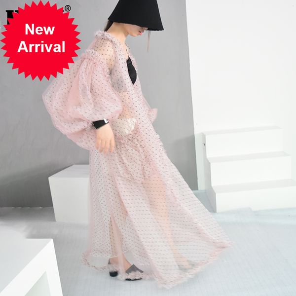 

new jf394 spring summer v-collar shirt long dot fashion size big printed perspective lantern women blouse sleeve [eam]2020 fatxi