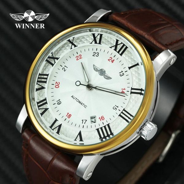 

wristwatches winner fashion vintage watches roman numerals 24-hour dial leather strap business auto mechanical wrist, Slivery;brown