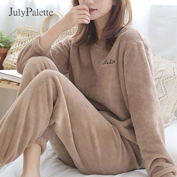 

julypalette women's pajama set warm flannel pajamas sleepwear homewear thick winter velvet female men couple plush pyjamas suit, Black;brown