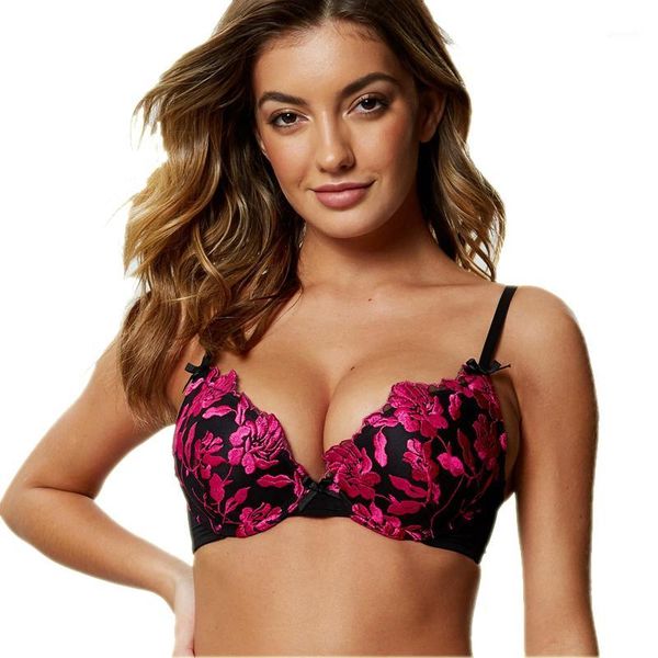 

miaoersidai women's bra new female underwear print lace embroidery bra floral with bows bralette big size1, Red;black