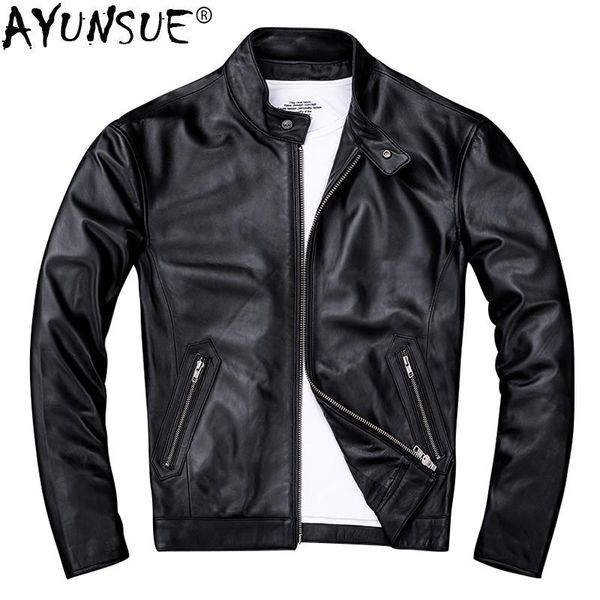 

ayunsue autumn genuine leather jacket men short motorcycle real mens sheepskin coat jackets chaqueta cuero hombre kj1127, Black