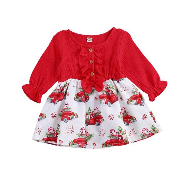 

girl's dresses infant born baby girl long sleeve dress, bow decoration elastic cuffs red cartoon car print spring clothing, Red;yellow