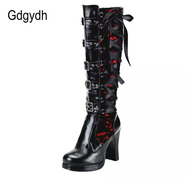 

boots gdgydh women's cosplay platform heel buckle strap knight woman punk gothic classic black leather pu knee high