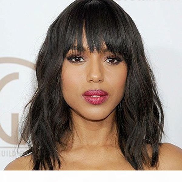 

diva wavy bob lace front wig full fringe wig human hair glueless silk lace wig with bangs wavy bob for black women, Black;brown