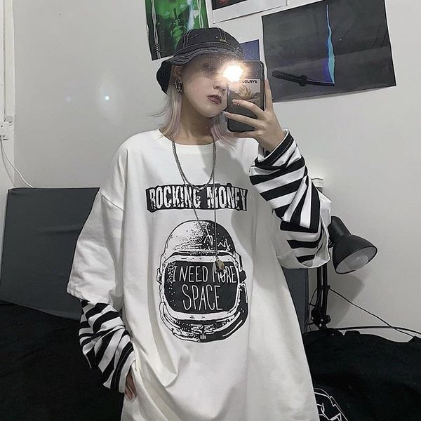 

harajuku loose female t-shirts women long sleeve autumn tshirt casual letter print o-neck stripe tee oversize hip hop streetwear, White