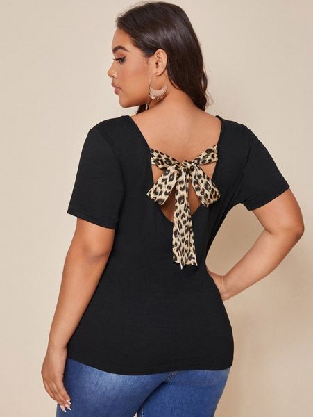 

plus v-neck leopard tie back 12mg#, Black