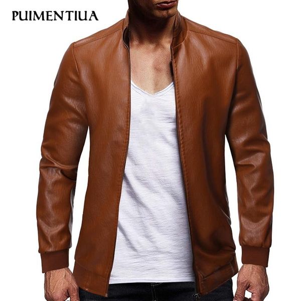 

puimentiua men's fashion classic zipper leather motorcycle jacket mens leather jacket solid color casual wear 2020, Black;brown