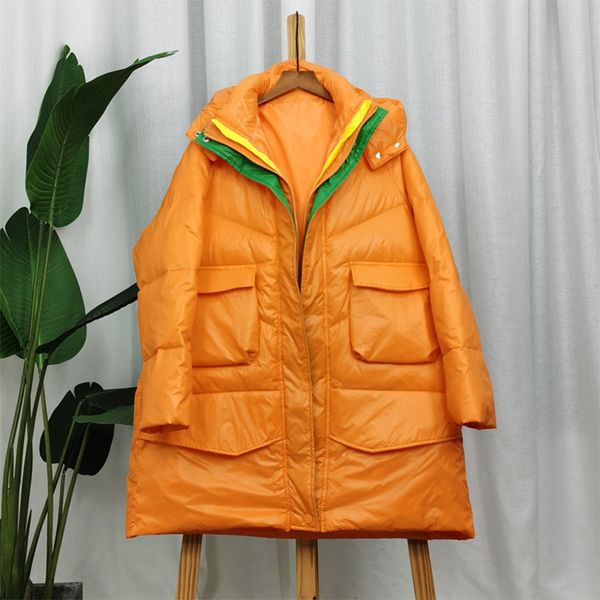 

2020 new winter women bright color thick duck warm jacket 90% down white donsjack loose windproof hooded park long hspra, Black