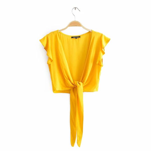 

new 2021 women fashion bow tie v-neck no buttons smocked blouses vintage petal sleeve shirts girls chic, White