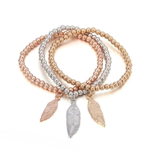 

charm bracelets charms 3 layer set leaf beaded bracelet for woman mix gold silvery color adjustable bead chain female vintage jewelry, Golden;silver