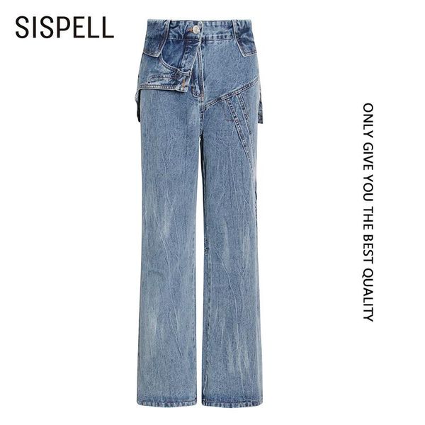 

sispell patchwork pocket women's denim trousers high waist loose for female wide-leg straight-leg pants 2020 fashion autumn tide, Black;white