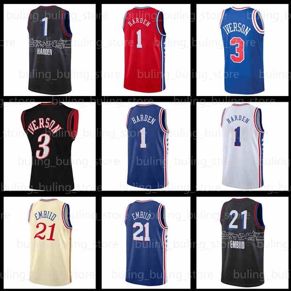 1 Maglia da basket James Harden Joel Embiid 3 21 Allen Iverson Julius Erving 2021 2022 Maglia da uomo Nero Bianco Retro Rosso Blu 22