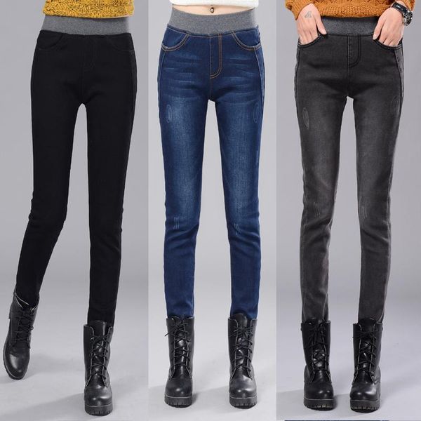 

women winter plus velvet warm elastic waist jeans slim high waist was thin receive an abdomen comfortable casual pencil pants, Blue
