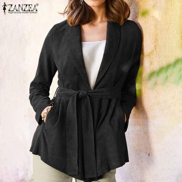 

spring autumn solid cardigans zanzea vintage waist belt coat female office lapel jackets oversized womens fashion outwear 5xl, Black;brown