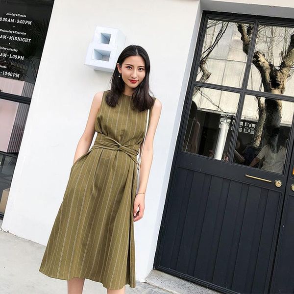 

women elegant korean office lady dresses sleeveless with belt fashion stripe vestido casual slim basic work ladies dresses, Black;gray