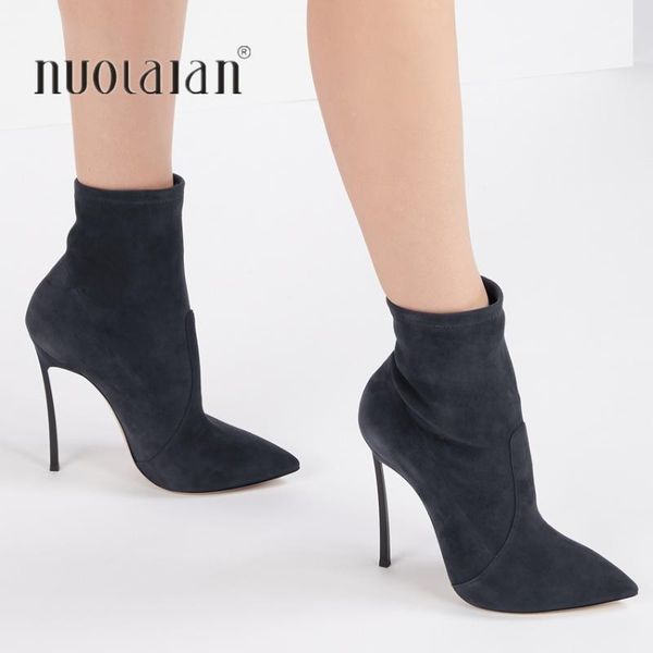 

2020 new socks boots women stretch fabric pointed toe ankle boots high heels 11cm basic high pumps women shoes, Black