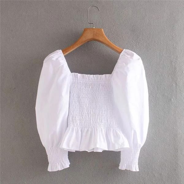 

women summer casual elastic white za short blouse female 2020 new fashion puff half sleeve ruffles poplin smock shirts femm