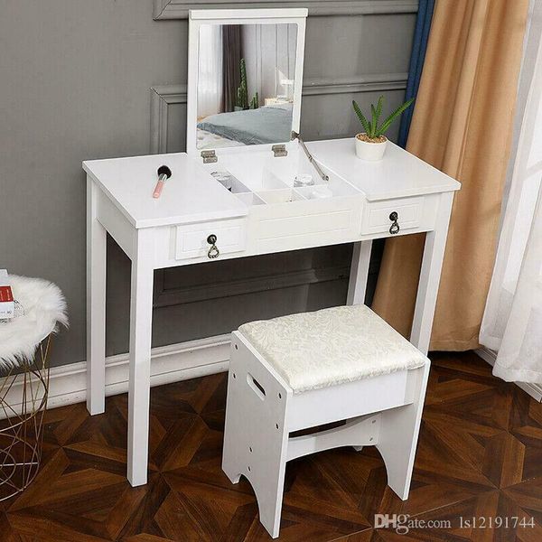 

vanity makeup dressing table set 2 drawers w/stool & flip-mirror white