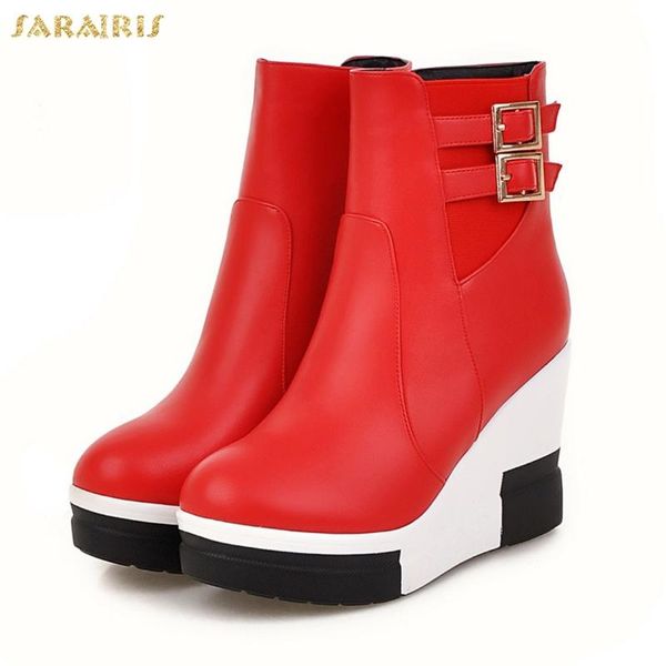 

sarairis new big size increasing heels ankle boots woman shoes zip up platform black red boots female shoes woman