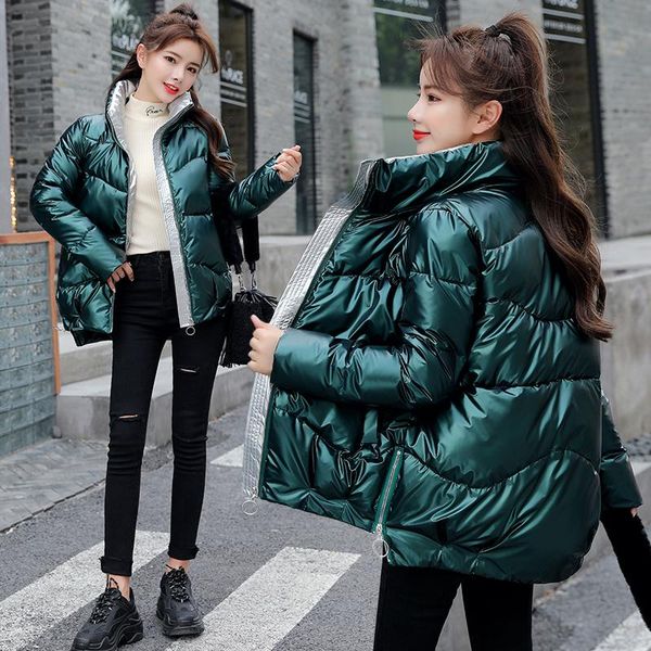 

korean style 2021 winter jacket women stand collar solid black silver female coat loose oversized womens short parka