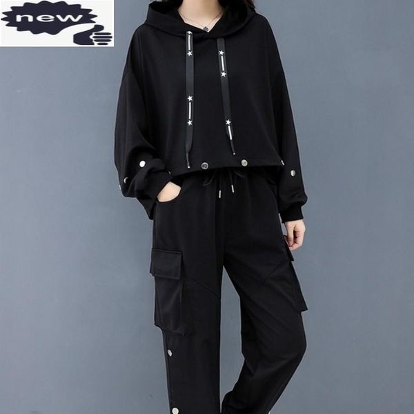 

women's tracksuits plus size women loose fit hoody sweatshirt two piece set elastic waist harem pants rivets matching sets female jogge, Gray