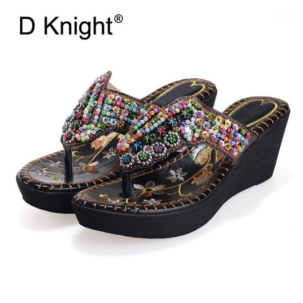 

slippers women's ethnic embroidery wedges fashion string beaded flip flops ladies casual platform wedge beach slippers1, Black