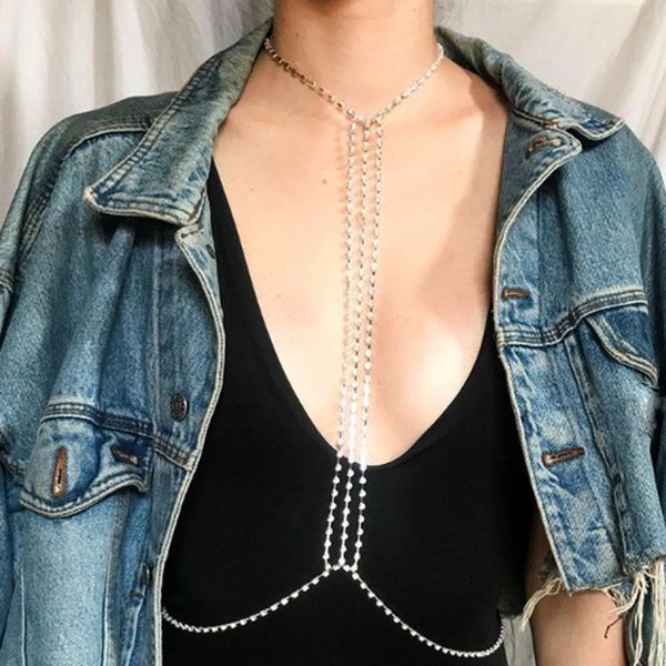 

bling rhinestone bra necklace body chain jewelry for women underwear crystal body harness bra lingerie chain, Silver