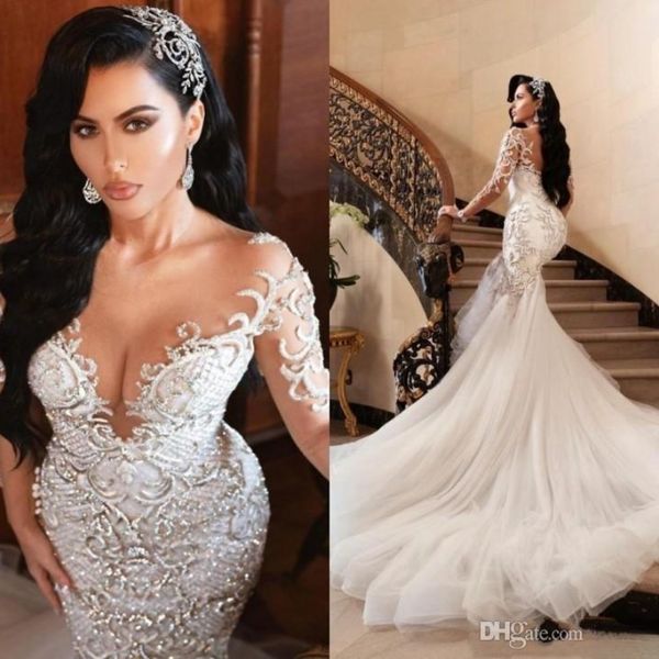 

2022 luxury arabic mermaid wedding dresses dubai sparkly crystals long sleeves bridal gowns court train tulle skirt robes de mariÃ©e xu, White