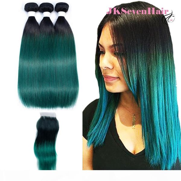 

1b dark green straight brazilian virgin human hair bundles 3pcs with 4x4inch lace closure dark root dark green peruvian malaysian hair wefts, Black