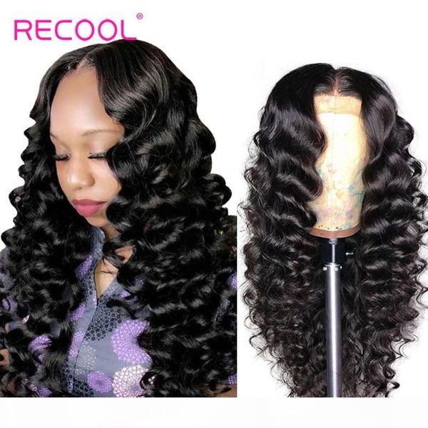 

recool loose deep wave 13x4 lace front human hair wigs for women 360 lace frontal wig remy pre plucked 4x4 closure wig, Black;brown