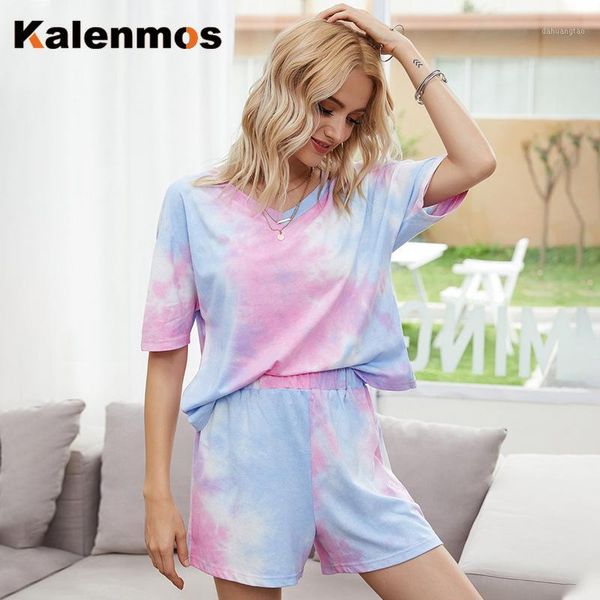 

kalenmos two piece sets women tie dye print homewear casual tshirt biker shorts sports tracksuits sleepwear pajamas lounge wear1, White