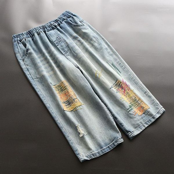 

women jeans wide leg pants 2020 casual elastic waist new summer korean-style loose embroidered cropped pockets women trousers1, Blue