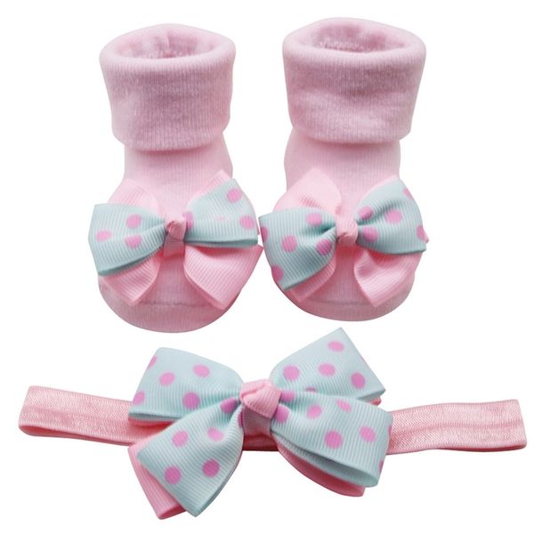 

baby infant socks +1pc hair belt toddler girls bow wave point anti-slip socks autumn winter newborn baby clothes accessories 20 y201009, Pink;yellow